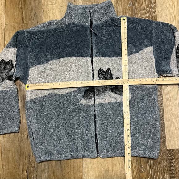VTG 90s Black Mountain Wolf Fleece Jacket L Gray Wolves Nature AOP  USA Outdoor - Picture 9 of 9